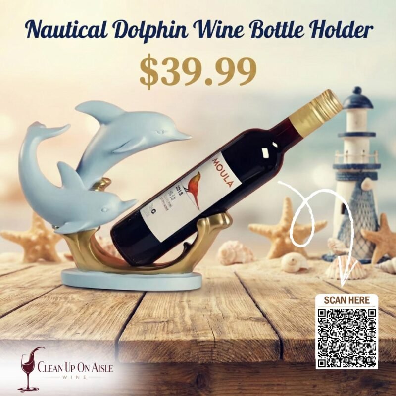 Nautical dolphin wine bottle holder displaying a wine bottle, sculpted dolphin design with coastal ocean-inspired décor style