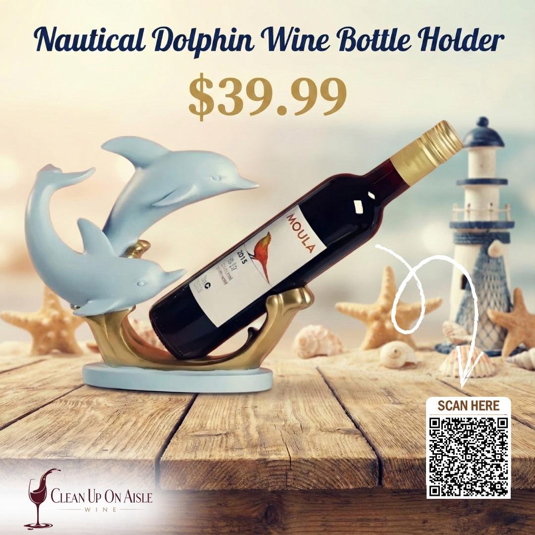 Nautical dolphin wine bottle holder displaying a wine bottle, sculpted dolphin design with coastal ocean-inspired décor style