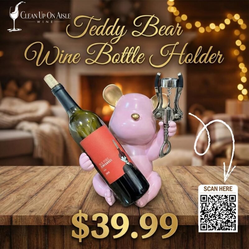 Teddy bear wine bottle holder holding a wine bottle on a countertop